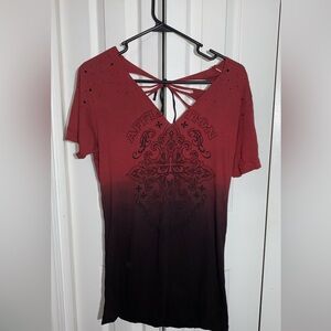 Affliction Women Distressed Cutout T-shirt M No Tags Red Ombre Biker AA10